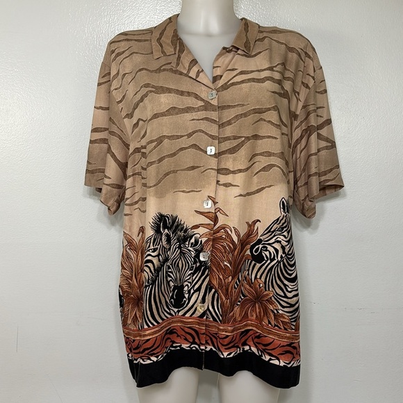 Teddi Rayon Safari Zebra Print Women’s Button Down Shirt Brown and Black Size XL - Picture 1 of 6